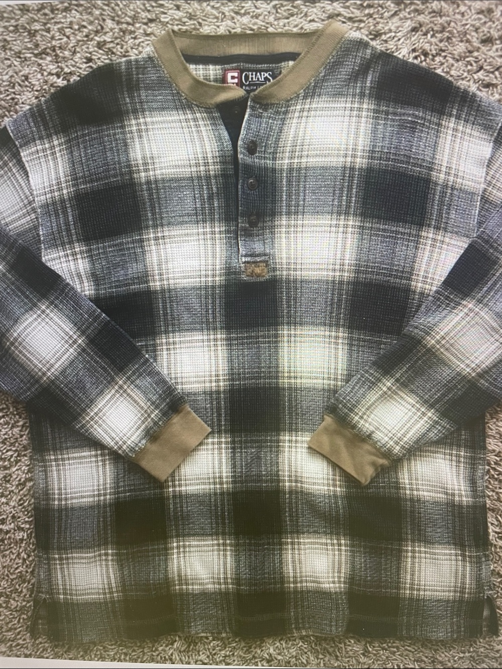 Chaps Black, White & Tan Plaid Henley Thermal Pullover - Picture 1 of 8